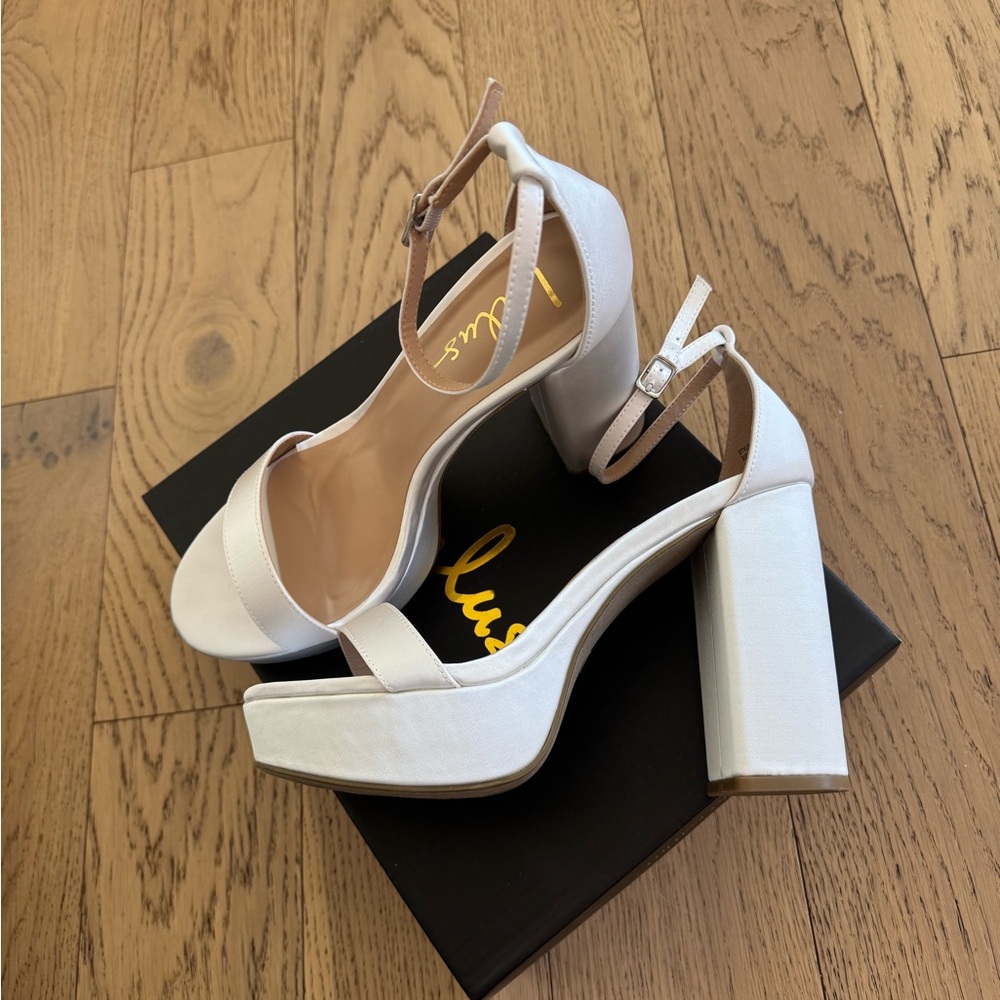 Lulu’s White Satin Block Heel Sandals